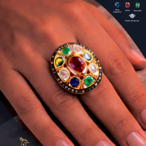 Ratnakshi Ring Victorian Ring Ruby, Emerald, Blue Sapphire Ring Polki Ring Silver Ring