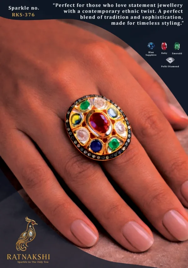 Ratnakshi Ring Victorian Ring Ruby, Emerald, Blue Sapphire Ring Polki Ring Silver Ring