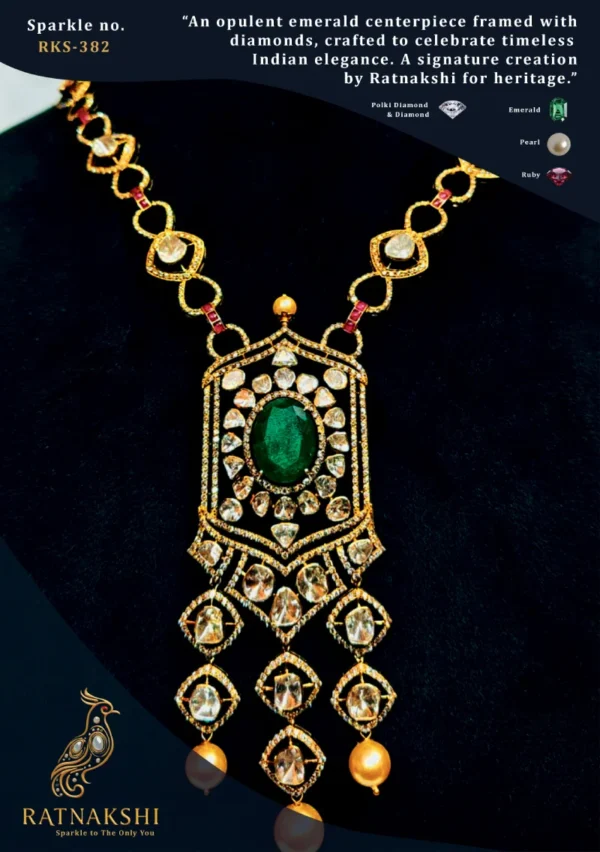 RKS-382 Ratnakshi Necklace Temple Jewelry Emerald Necklace Temple Necklace Emerald Jewelry in Silver