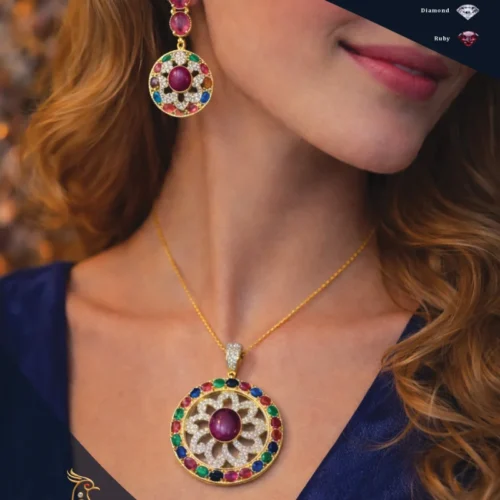Ratnakshi Pendant Set, Multi-color Pendant Set in Silver