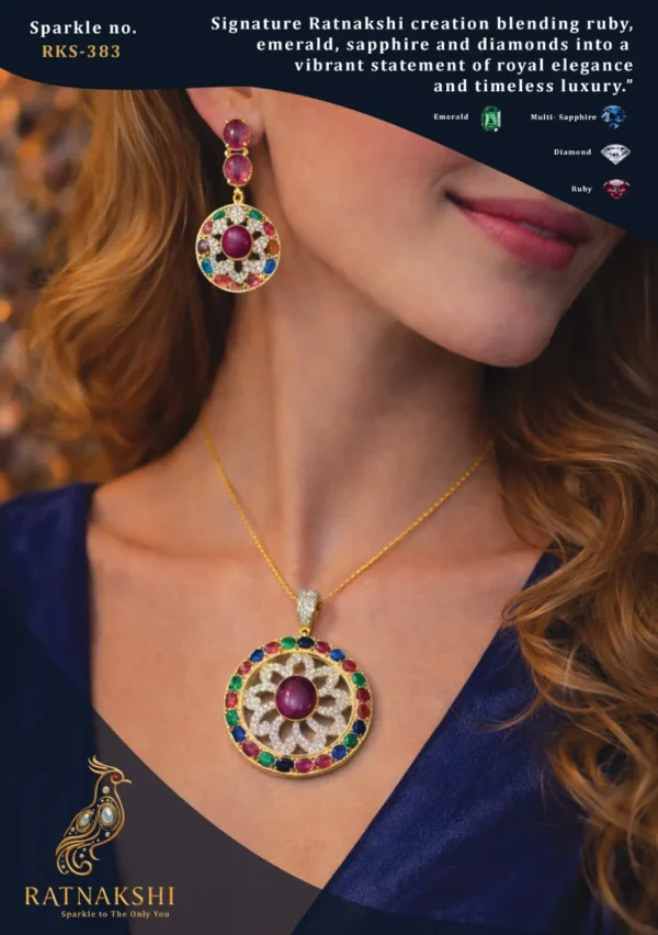 Ratnakshi Pendant Set, Multi-color Pendant Set in Silver