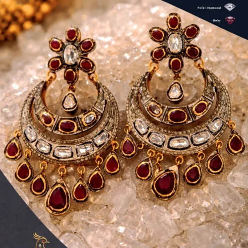 Ratnakshi Earrings Chandbaali in Silver Ruby Earrings in Silver Traditional Earrings