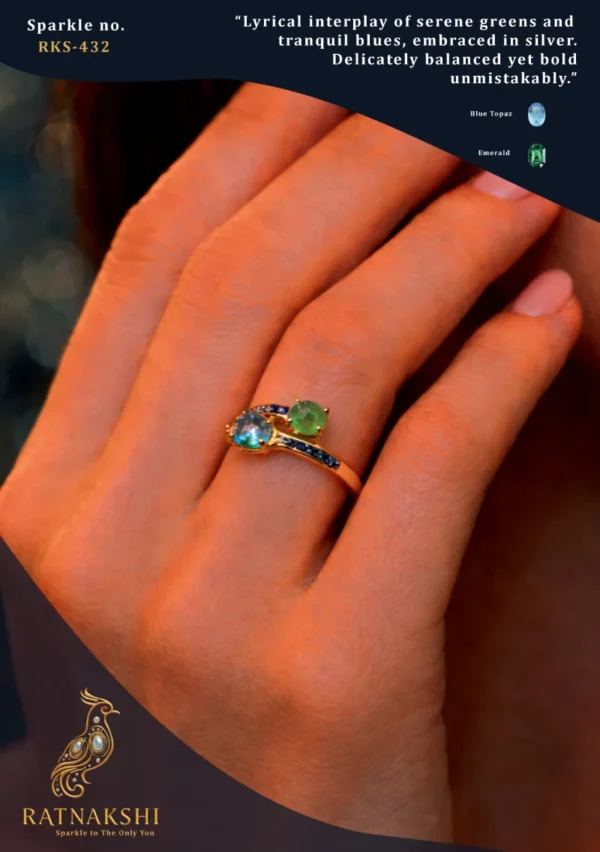 Ratnakshi Ring Blue Topaz & Emerald Ring Silver Ring