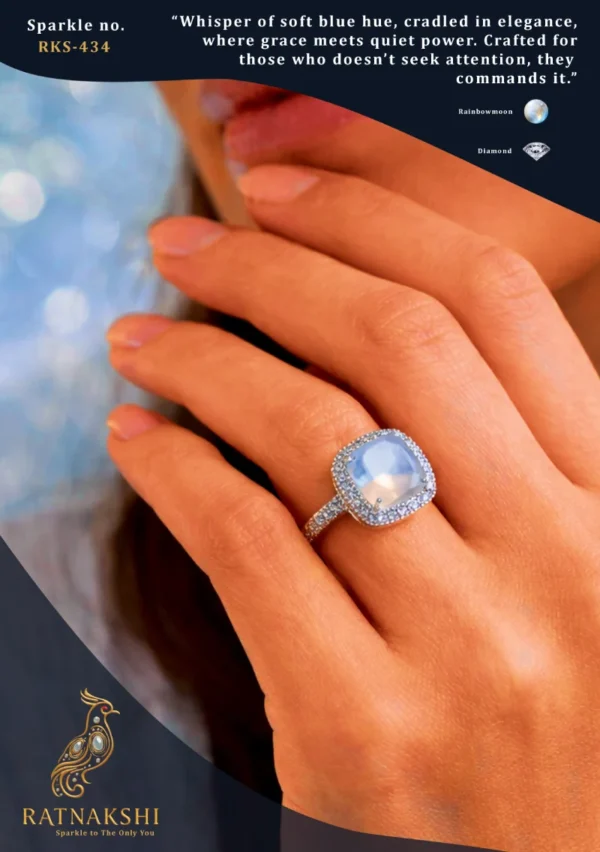 Ratnakshi Ring Rainbow moonstone & Diamond Ring Silver Ring