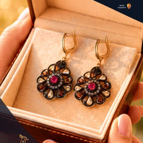 Ratnakshi Earrings Silver Earrings Ruby Multi - Sapphire Earrings Polki Diamonds & Diamonds Earrings