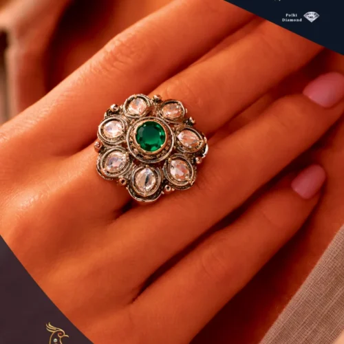 Ratnakshi Ring Silver Ring Silver Ring Flower Shaped Ring Emerald Ring Polki Diamond Ring