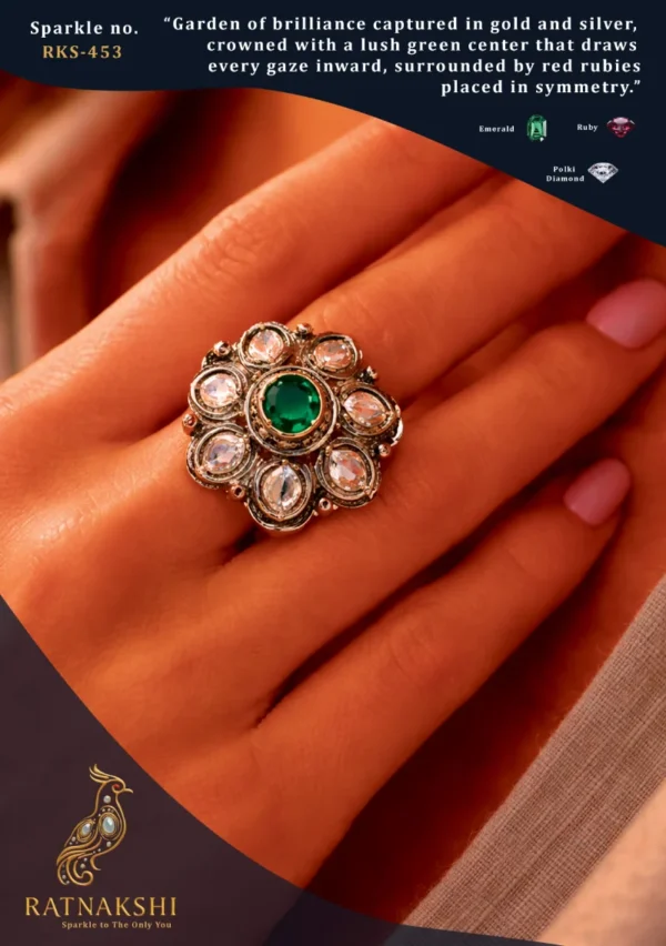 RKS-453 Ratnakshi Ring Silver Ring Silver Ring Flower Shaped Ring Emerald Ring Polki Diamond Ring