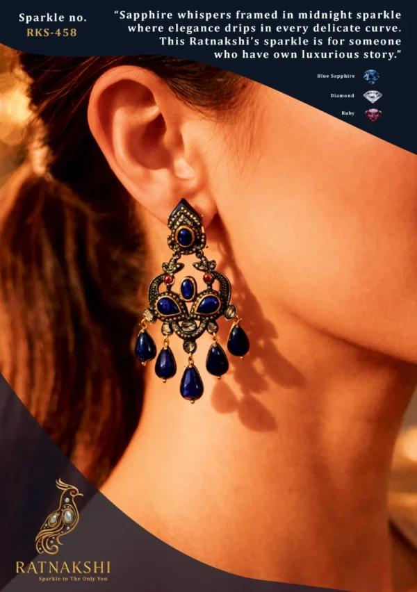 Ratnakshi Earring Hanging Earring in Silver Blue Sapphire Earrings Fine Silver Jewelry