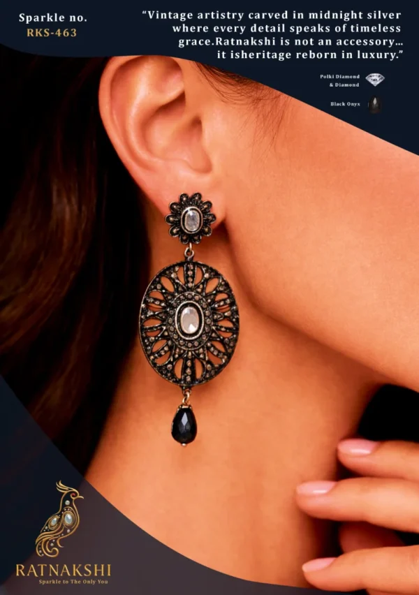 Ratnakshi Earrings, Victorian Oval-Shaped Drop Earrings in Silver