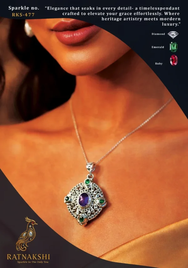 RKS-477 Ratnakshi Pendant Victorian Multi-color pendant in Silver