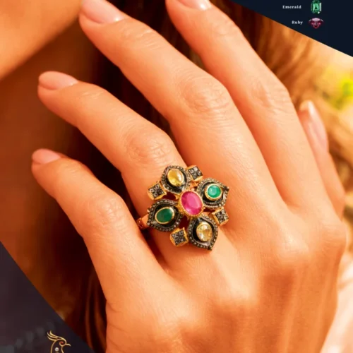 Ratnakshi Ring Victorian Multi-color Ring in Silver.