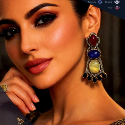 RKS-493 Ratnakshi Earrings Chandbaali in Silver Muti-color Earrings in Silver Traditional Earrings Polki Earrings Silver Earrings Hanging Earrings