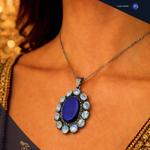 Ratnakshi Pendant Floral Pendant in Silver Lapiz Lazuli Pendant Rainbow Moonstone Pendant