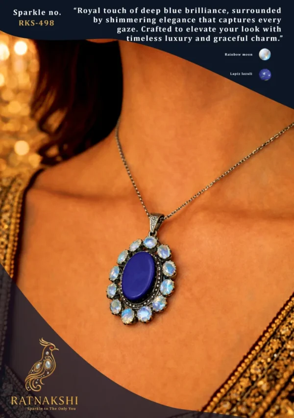 Ratnakshi Pendant Floral Pendant in Silver Lapiz Lazuli Pendant Rainbow Moonstone Pendant