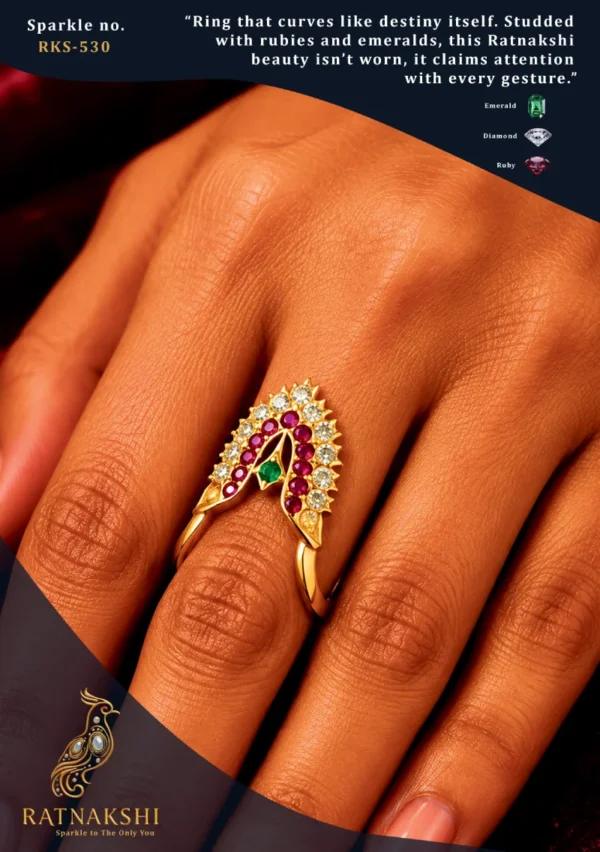 Ratnakshi Ring Temple Jewelry Ring Ruby, Diamond 7 Emerald Ring