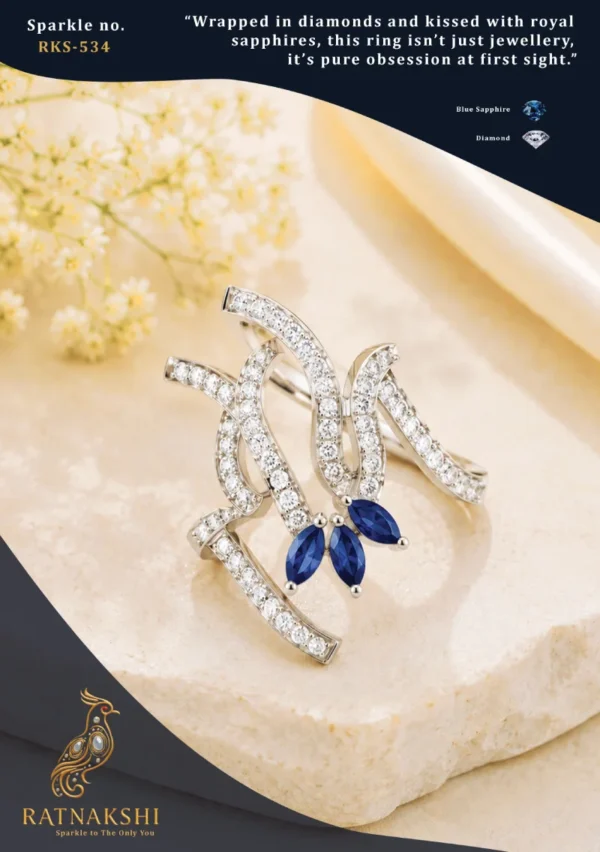 Ratnakshi Ring Blue Sapphire & Diamonds Ring in Silver Blue Sapphire Ring Fine Silver Jewelry