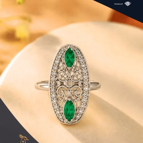 Ratnakshi Ring Emerald 7 Diamond Ring in Silver Fine Silver Jewelry