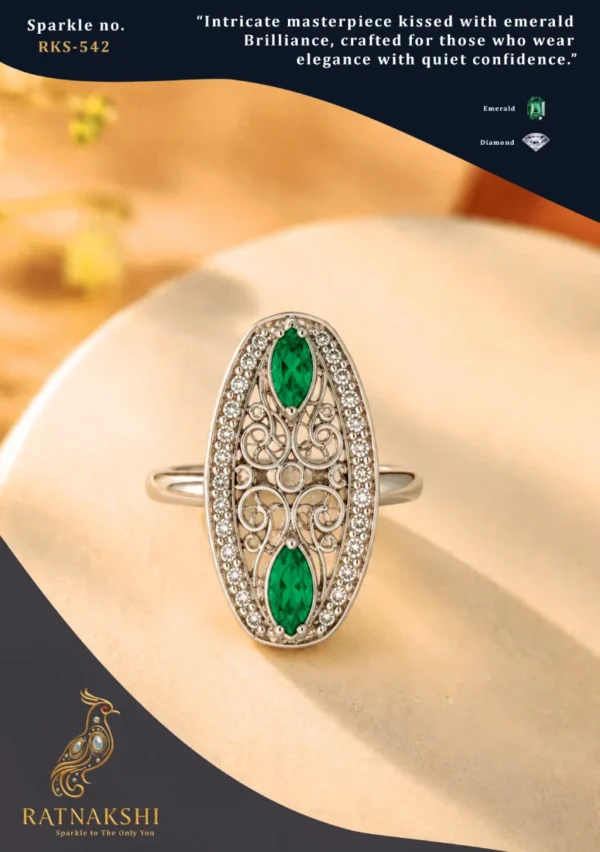 Ratnakshi Ring Emerald 7 Diamond Ring in Silver Fine Silver Jewelry