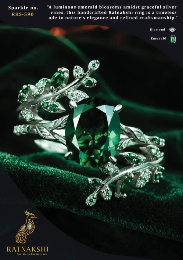Ratnakshi Ring Emerald Ring Silver Ring Diamond Ring Vines Ring Fine Silver Jewelry