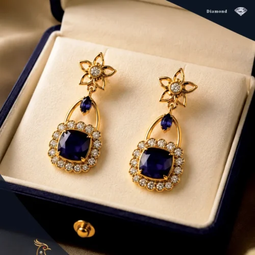 Ratnakshi Earrings Blue Sapphire Earrings Diamond Earrings Hanging Earrings Square Shaped Sapphire Earrings Silver Earrings Fine Silver Jewelry