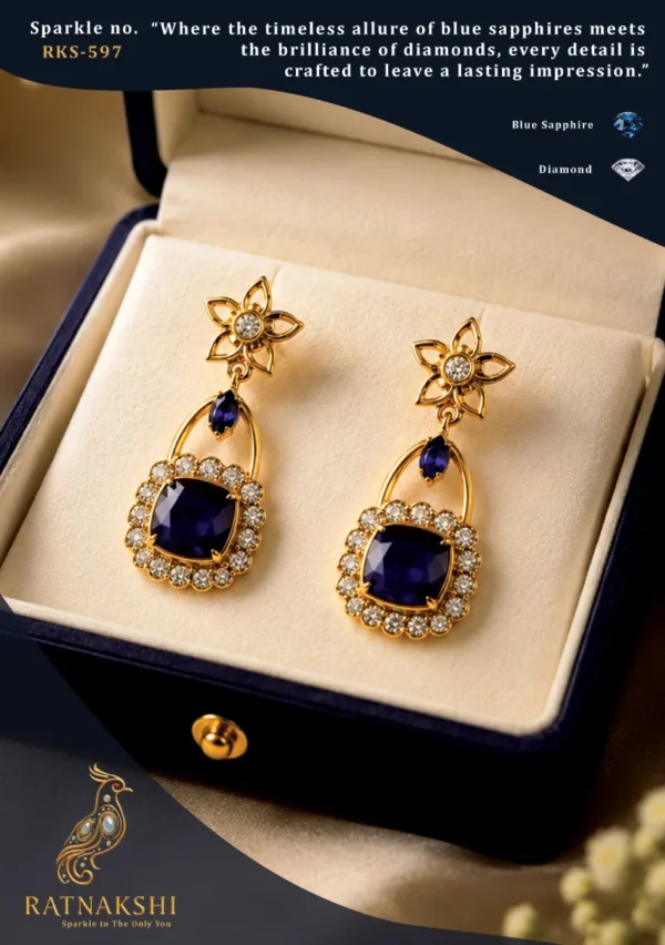 Ratnakshi Earrings Blue Sapphire Earrings Diamond Earrings Hanging Earrings Square Shaped Sapphire Earrings Silver Earrings Fine Silver Jewelry